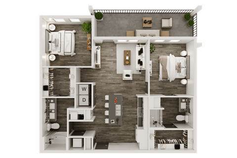 Floor plan for 2 beds, 2 baths, 999 sqft